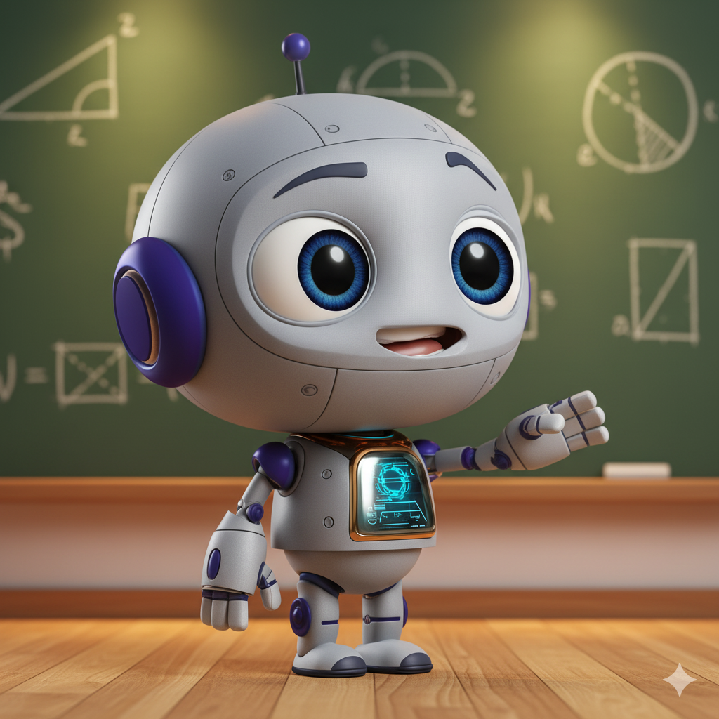 Geary Bot standing at a chalkboard, ready to teach