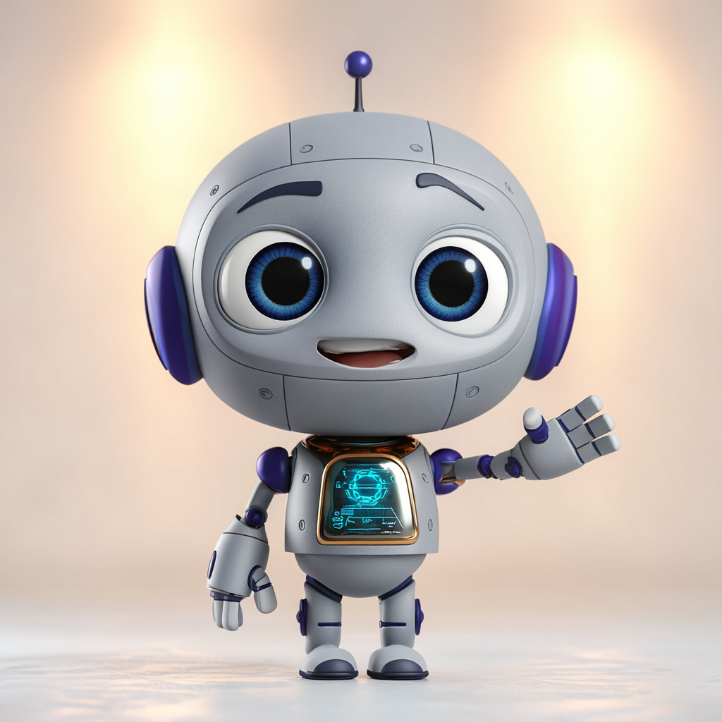 Geary Bot — a small blue-eyed robot with a teal glowing chest panel and a gear still visible inside him